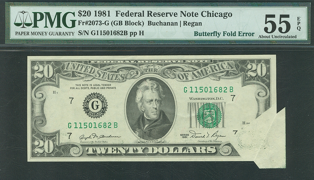 邦楽 FLIPANDDRAW7SEEDSandGREENASSASSIN DOLLAR Butterfly Fold Error, 1981 $20 FRN, Fr.2073-G, ChAU, PMG55-EPQ